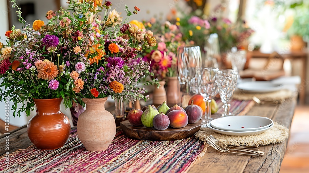 A bohemian-themed dining table with a colorful woven table runner, wildflowers in a mix of clay and glass vases, a hand-carved wooden platter filled with figs, peaches, and pomegranates,