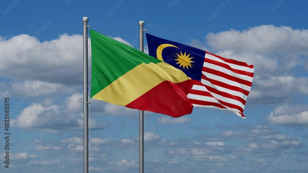 Malaysia and Congo Brazzaville flags flying together, video concept of the relationship, two country cooperation concept Malaysia and Congo Brazzaville flags flying together, video concept of the relationship, two country cooperation concept
