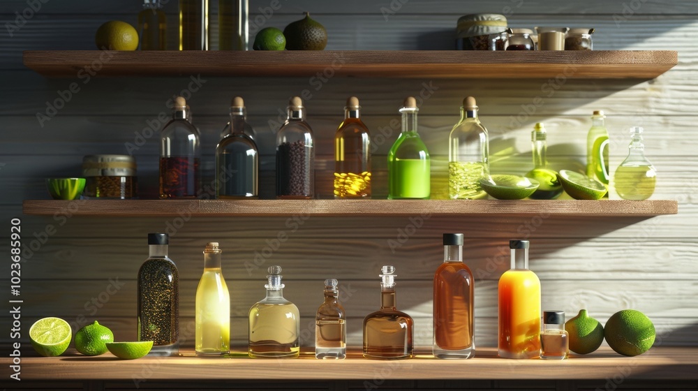 Zesty Elegance Vibrant Lime Vinaigrettes in Glass Bottles on Kitchen Shelf Food Photography Stock Image Zesty Elegance Vibrant Lime Vinaigrettes in Glass Bottles on Kitchen Shelf Food Photography Stock Image