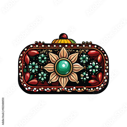 Illustration of a high-end clutch bag adorned with sparkling crystal embellishments.