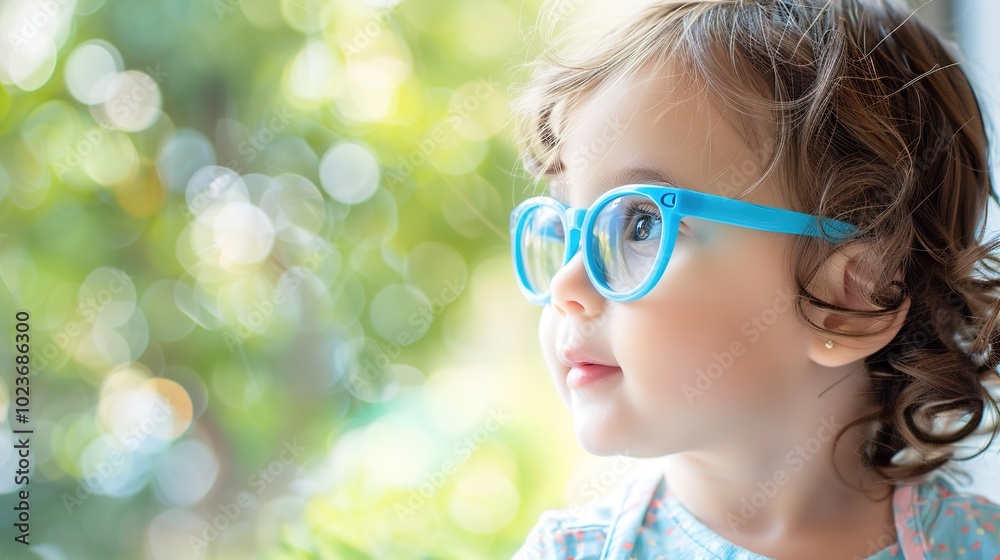 Young child wearing blue glasses focusing on distant tree outside window, symbolizing myopia prevention and importance of outdoor activities. Young child wearing blue glasses focusing on distant tree outside window, symbolizing myopia prevention and importance of outdoor activities.