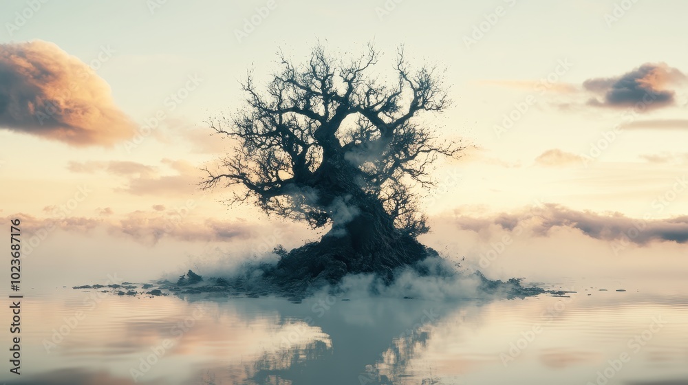 A solitary, gnarled tree stands in still waters under a dramatic sunset, surrounded by soft mist and scenic clouds A solitary, gnarled tree stands in still waters under a dramatic sunset, surrounded by soft mist and scenic clouds