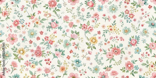 Wallpaper Mural Delicate, whimsical ditsy floral print featuring small, scattered blooms in soft pastel hues on a crisp white background, evoking a sense of vintage charm. Torontodigital.ca