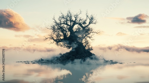 A solitary, gnarled tree stands in still waters under a dramatic sunset, surrounded by soft mist and scenic clouds