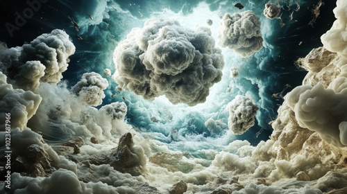 Dramatic clouds swirl in a turbulent sky above a surreal landscape illuminated by bright light