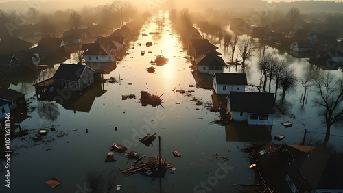 Aerial View of Hurricane-Damaged Small Town Landscape, Aerial view of houses on the river, top view of a flooded city, climate change, weather disaster, natural catastrophic photo