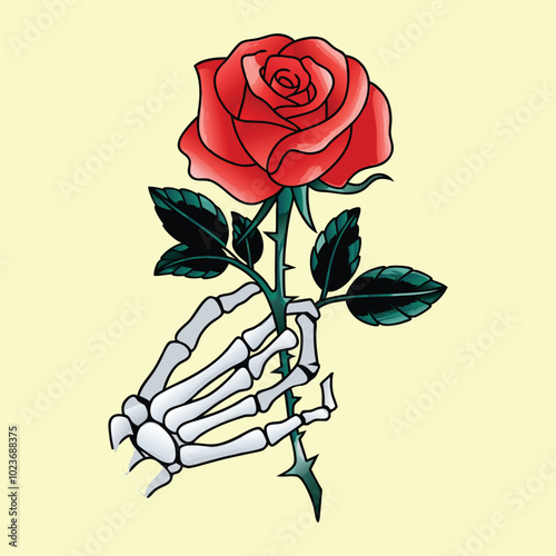 Skeleton hand holding a Rose, Red Flower is given By Skeleton Vintage Tattoo Clip Art Color Vector style.