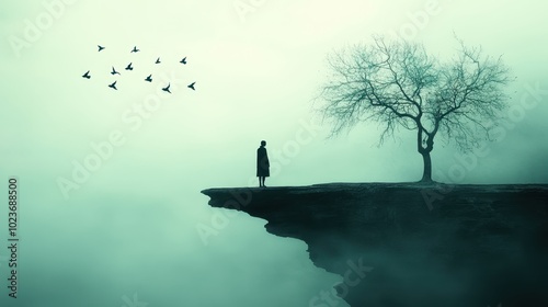 A solitary figure gazes into the distance from a foggy cliff under a tree while birds fly overhead