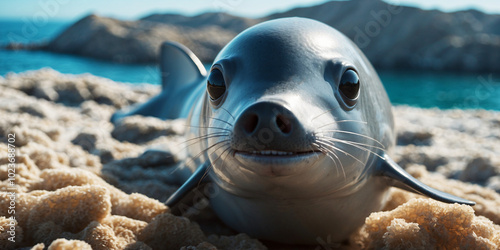 Playful seal pup on a sandy beach with a curious expression photo