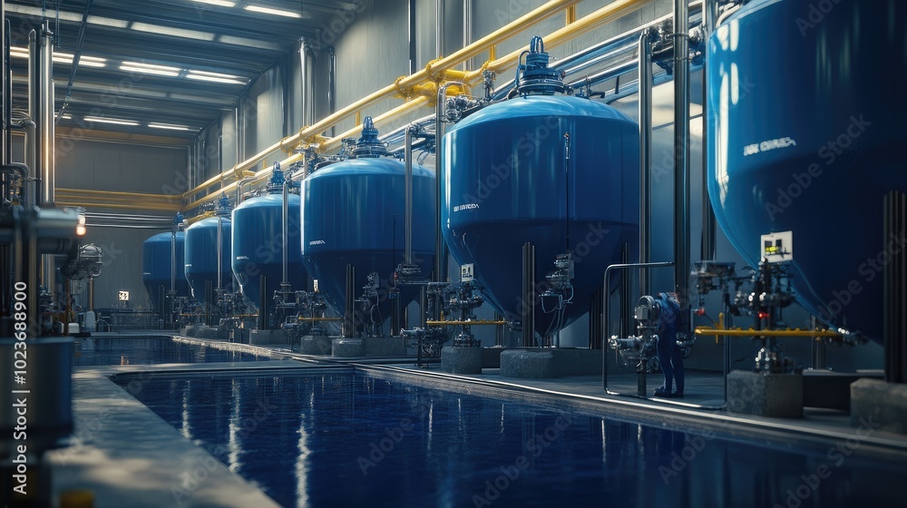Blue tanks in a futuristic factory, connected to advanced machinery and piping, showcasing efficiency in production. No people. Blue tanks in a futuristic factory, connected to advanced machinery and piping, showcasing efficiency in production. No people.
