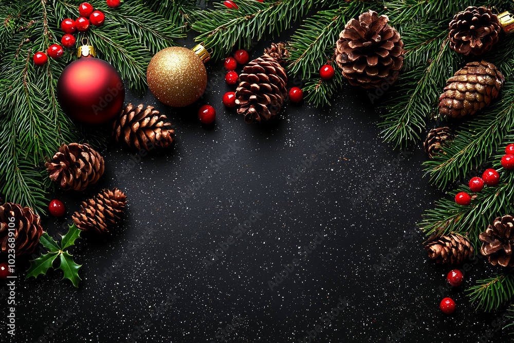 Festive Christmas Holiday Decor with Pine Branches Pine Cones and Ornaments Festive Christmas Holiday Decor with Pine Branches Pine Cones and Ornaments