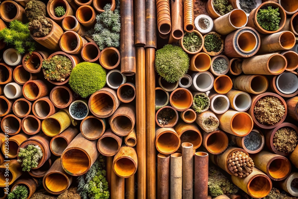 Earthen Embrace: Soil-covered pipelines, natural textures, warm tones, organic forms, sustainable materials
