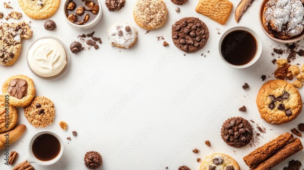 An Arrangement of Chocolate Chip Cookies, Pastries, and Coffee on a White Surface An Arrangement of Chocolate Chip Cookies, Pastries, and Coffee on a White Surface