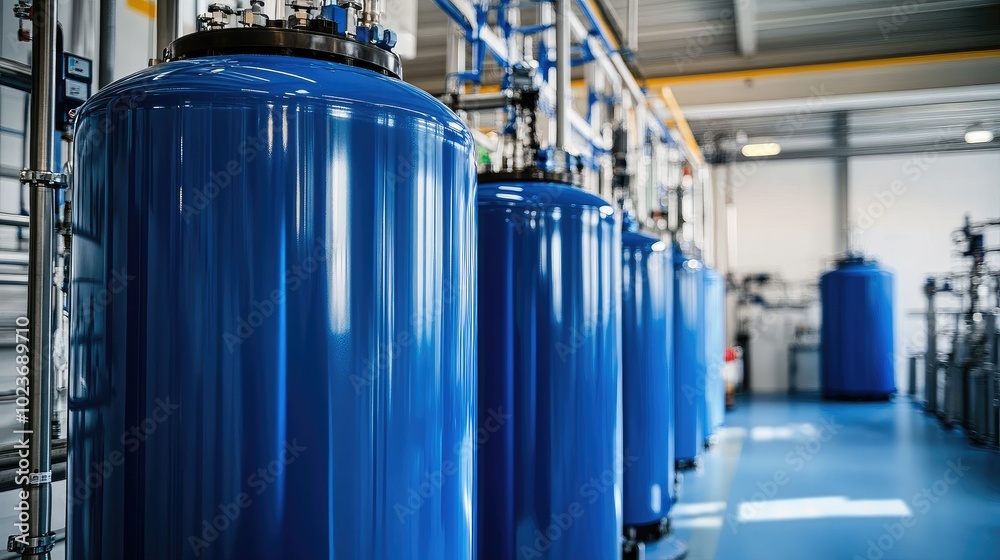Close-up of blue cylindrical tanks in a high-tech factory, surrounded by advanced industrial machinery. No people. Close-up of blue cylindrical tanks in a high-tech factory, surrounded by advanced industrial machinery. No people.