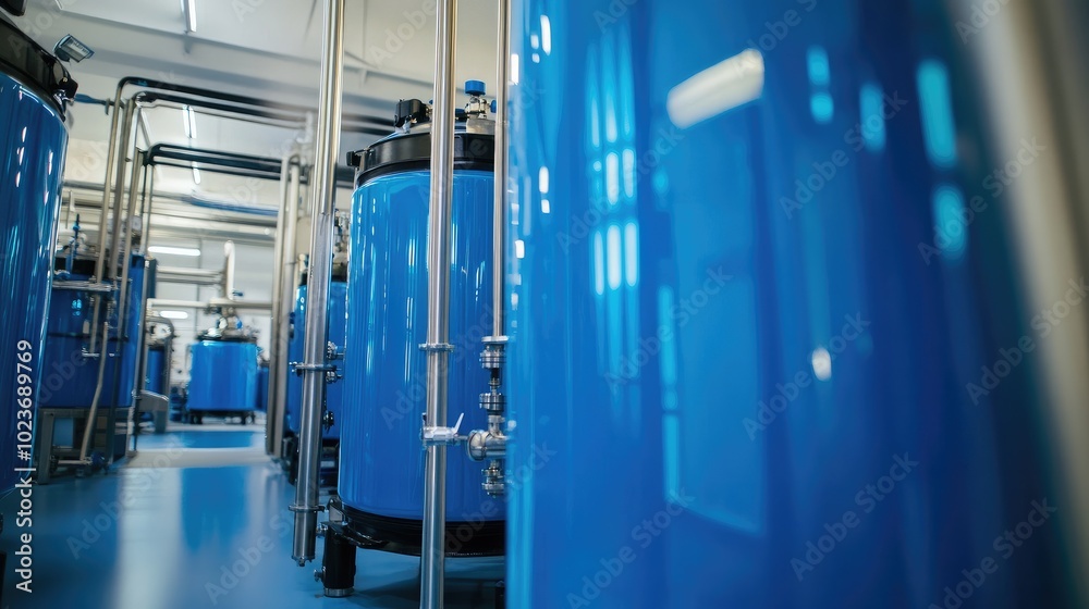 Obraz premium Close-up of blue industrial tanks with advanced piping in a modern factory, showcasing cutting-edge technology. No people.
