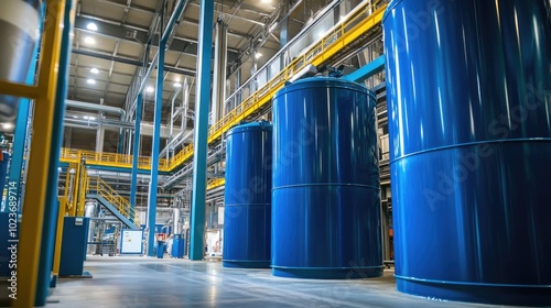 Close-up of blue cylindrical tanks in a high-tech factory, surrounded by advanced industrial machinery. No people.