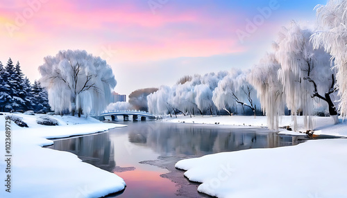 Winter scene with snow-covered willow, colorfully reflected in the river photo