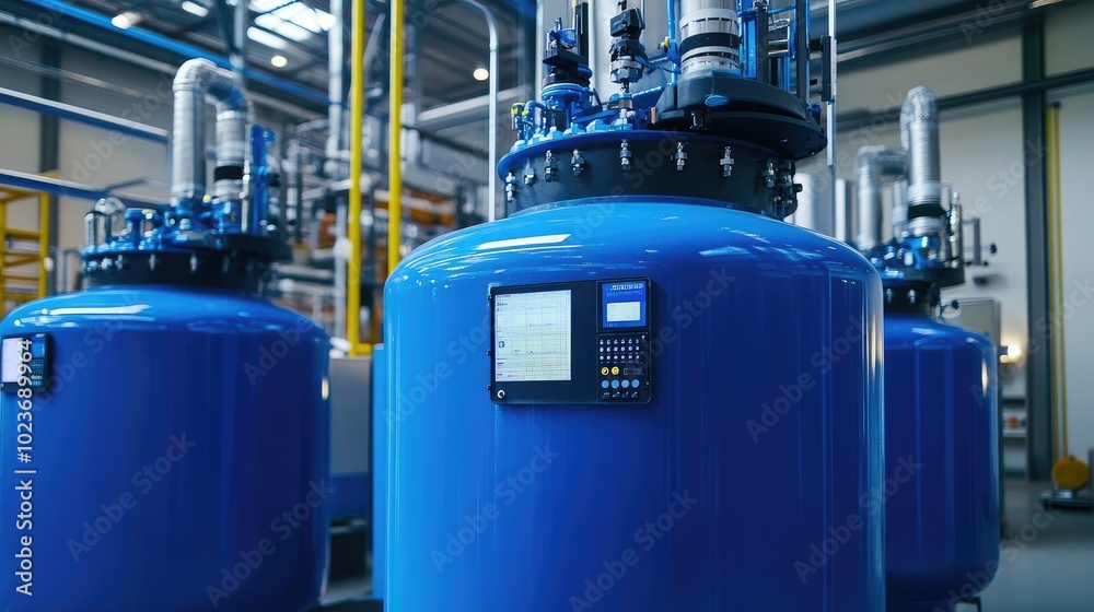 Close-up of blue tanks with advanced control panels and piping in a cutting-edge industrial factory. No people.