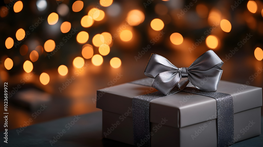 Gift Box with Silver Bow and Festive Lights for Holiday Celebration Gift Box with Silver Bow and Festive Lights for Holiday Celebration