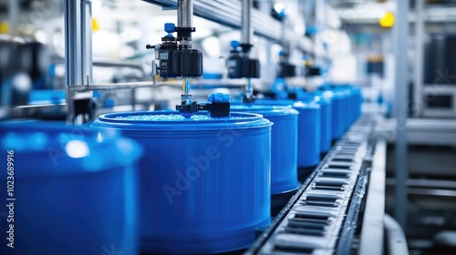 Close-up of blue tanks connected with advanced machinery in a modern factory, illustrating efficient production systems. No people. photo