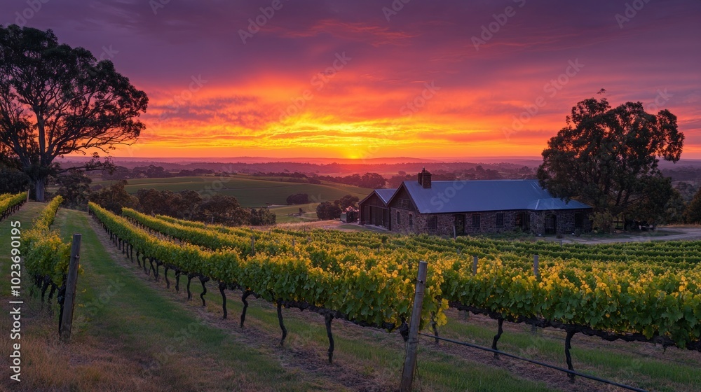 Fototapeta premium Stone Farmhouse Amidst a Vineyard at Sunset
