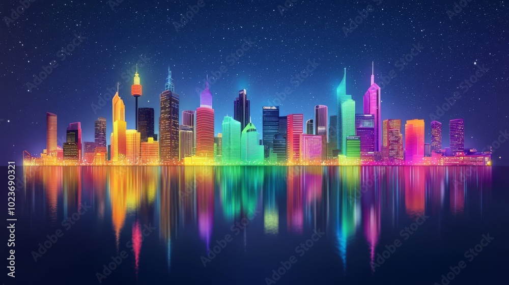 Vibrant city skyline illuminated with colorful lights reflecting on water at night, creating a stunning urban atmosphere. Vibrant city skyline illuminated with colorful lights reflecting on water at night, creating a stunning urban atmosphere.