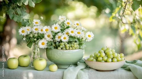 A green and white table setup with small vases of fresh daisies, a large ceramic bowl filled with green apples and grapes, and a light green table runner,