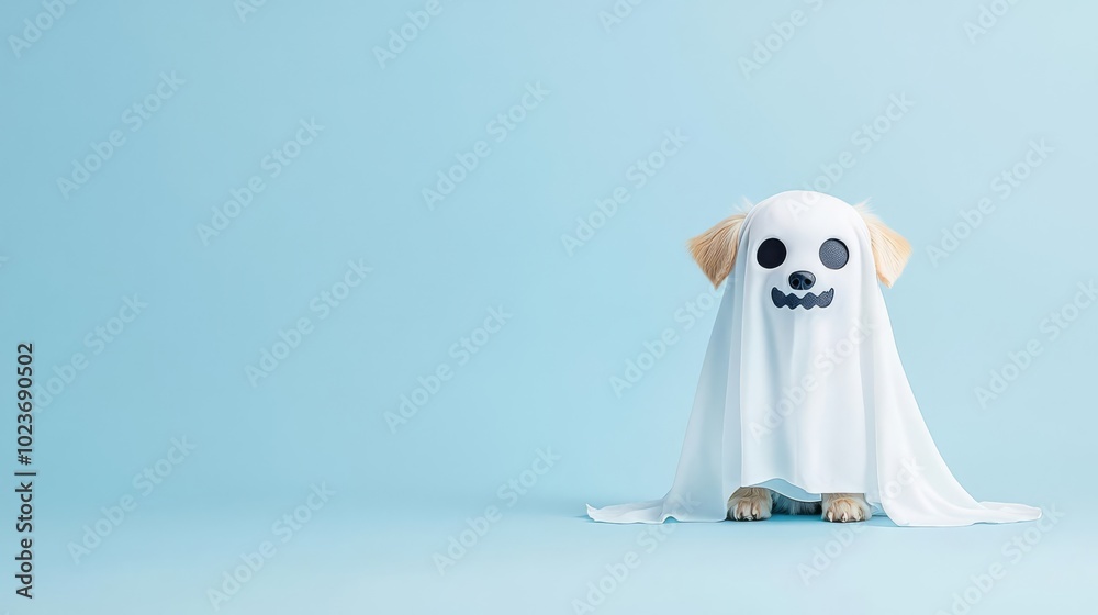A playful puppy dressed in a ghost costume, perfect for Halloween-themed designs and pet-friendly celebrations. A playful puppy dressed in a ghost costume, perfect for Halloween-themed designs and pet-friendly celebrations.