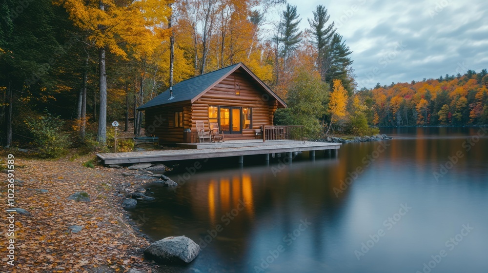 A Cozy Cabin on a Still Lake Surrounded by Autumn Trees A Cozy Cabin on a Still Lake Surrounded by Autumn Trees