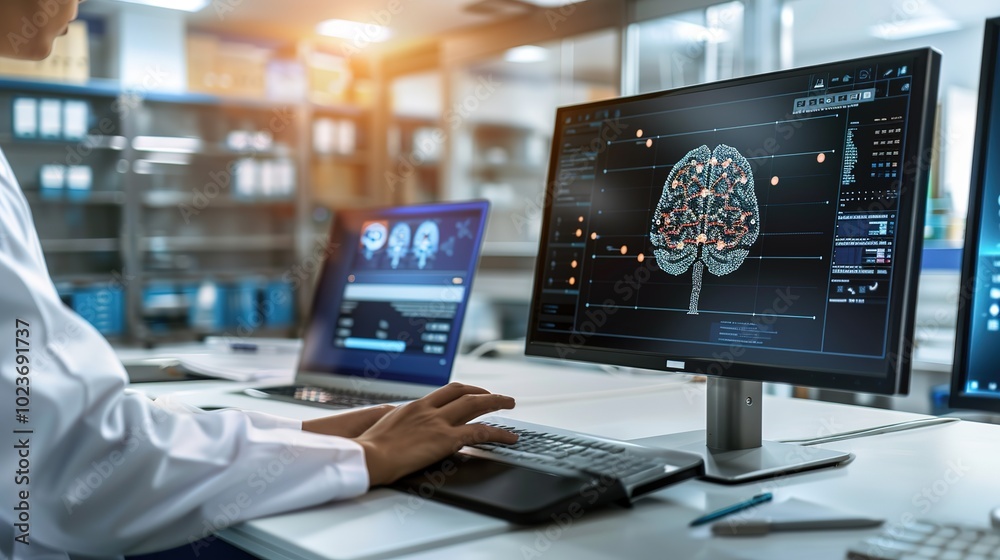 Close-up of scientist analyzing brain scan images on monitor, detailed neural pathways symbolize dementia research in medical lab setting. Close-up of scientist analyzing brain scan images on monitor, detailed neural pathways symbolize dementia research in medical lab setting.