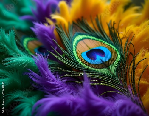 Close-Up of Extravagant Carnival Feathers in Green, Purple, and Gold photo