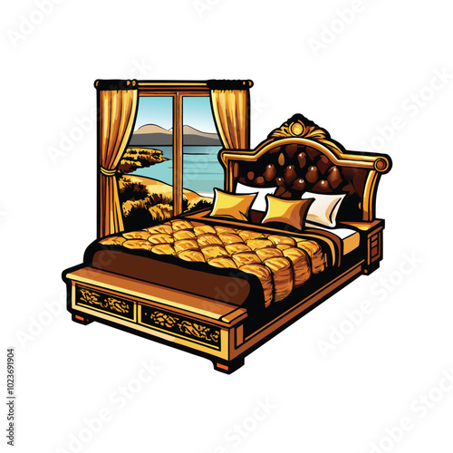 Illustration of a luxury villa bedroom with a large bed, plush bedding, and a window with curtains overlooking the ocean.