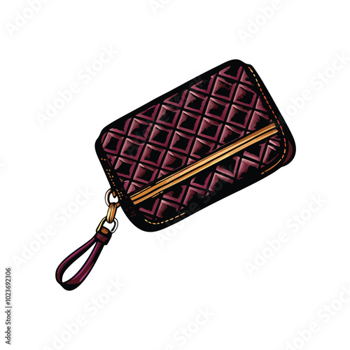 A maroon wristlet with a diamond pattern and gold metal accents.