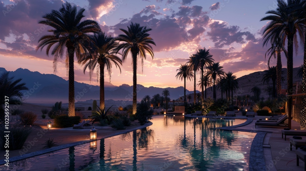Obraz premium Twilight Oasis Serene Desert Pool with Palm Trees Reflecting the Last Light of Day