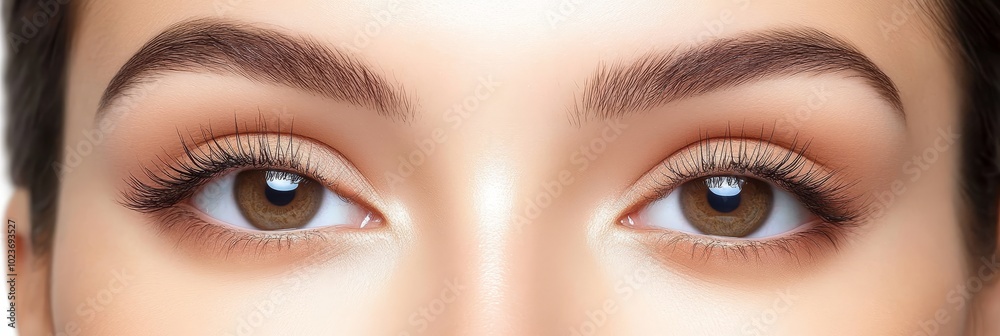 Naklejka premium Close-up Of Beautiful Woman Eyes With Long Black Lashes And Perfect Eyebrows. Natural Daily Makeup
