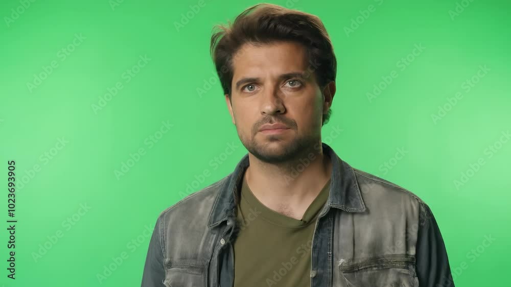 A clean studio green screen shot of a cinematic man in worn-out layered clothing, standing and looking around with a contemplative expression. A clean studio green screen shot of a cinematic man in worn-out layered clothing, standing and looking around with a contemplative expression.