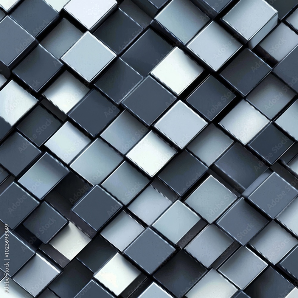 Abstract 3D Geometric Background, Seamless Pattern of Metallic Cubes, Modern Minimalistic Design