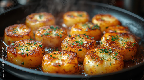 Golden sweet dumplings served on a plate, a delightful traditional dessert perfect for holiday celebrations. photo