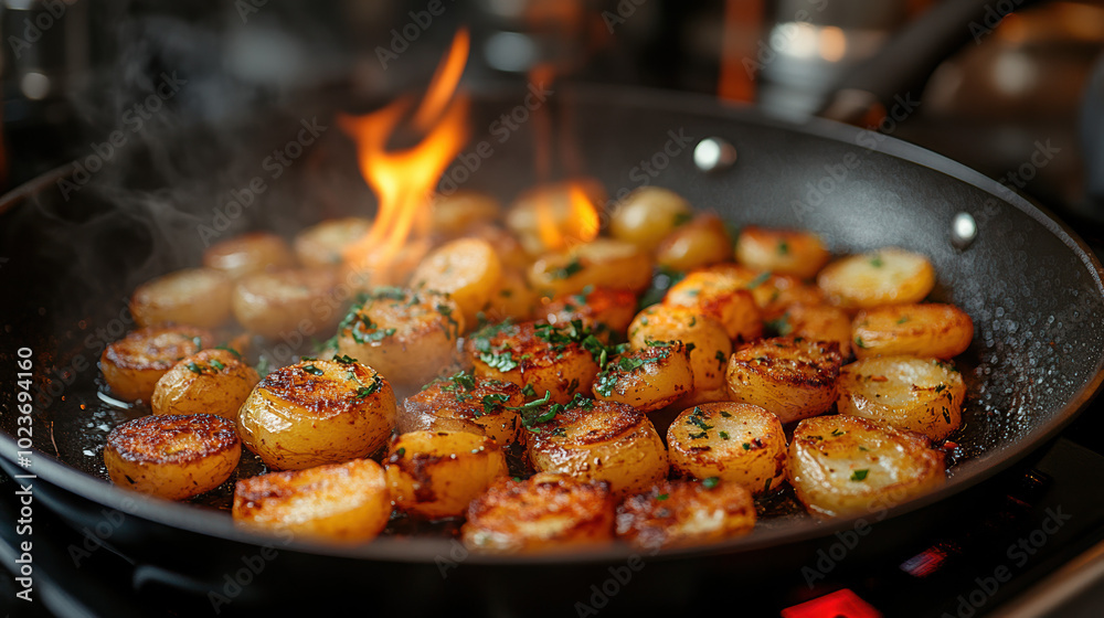 Latkes frying in a skillet, showcasing the delicious cooking process and the festive atmosphere of preparing traditional food for Hanukkah celebrations. Latkes frying in a skillet, showcasing the delicious cooking process and the festive atmosphere of preparing traditional food for Hanukkah celebrations.