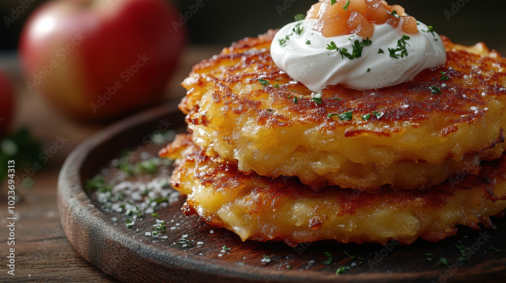 A plate of crispy latkes topped with sour cream and chives, symbolizing the delicious flavors of Hanukkah celebrations. A plate of crispy latkes topped with sour cream and chives, symbolizing the delicious flavors of Hanukkah celebrations.