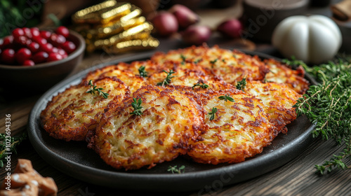 A festive platter of golden latkes, beautifully arranged for a celebratory Hanukkah meal.