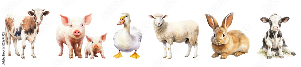 Obraz premium Watercolor farm animal png cut out element set