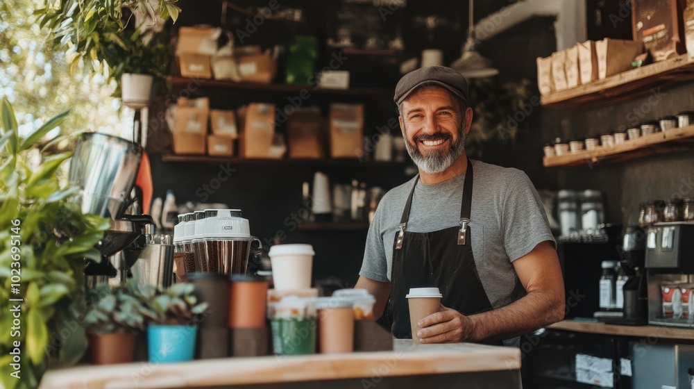 Local coffee shop owner serving drinks,  copy space