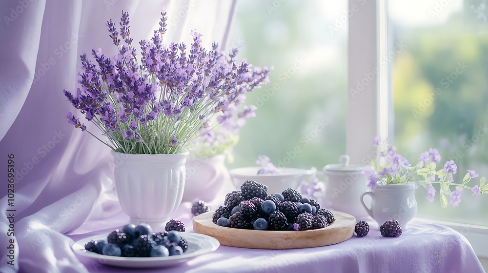 A soft purple tablecloth-covered dining table adorned with lavender sprigs in small vases, a wooden tray filled with blueberries and blackberries, and delicate white porcelain dishes, A soft purple tablecloth-covered dining table adorned with lavender sprigs in small vases, a wooden tray filled with blueberries and blackberries, and delicate white porcelain dishes,