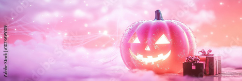 banner with coquette cute girly pink halloween pumpkin with a bow 3d style. Ai generative