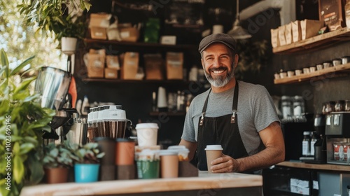 Local coffee shop owner serving drinks, copy space