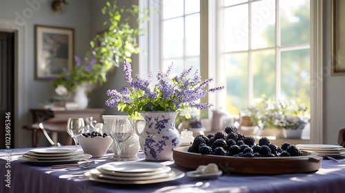 A soft purple tablecloth-covered dining table, adorned with delicate lavender sprigs arranged in ceramic vases, and a wooden tray overflowing with blueberries and blackberries,