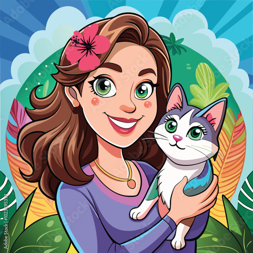 Beautiful young happy woman with cat.