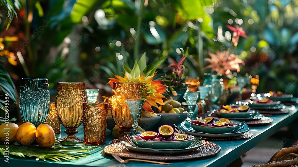 A teal dining table adorned with palm leaves and a vibrant display of passion fruit and star fruit, set against a backdrop of tropical plants and warm, natural sunlight, A teal dining table adorned with palm leaves and a vibrant display of passion fruit and star fruit, set against a backdrop of tropical plants and warm, natural sunlight,