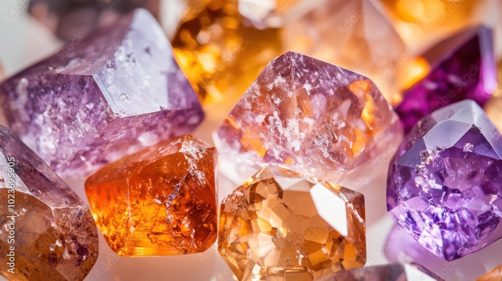 A collection of orange and purple rare gemstones showcasing their unique colors and intricate facets set against a soft neutral background ideal for themes of jewelry geology and precious stones. A collection of orange and purple rare gemstones showcasing their unique colors and intricate facets set against a soft neutral background ideal for themes of jewelry geology and precious stones.